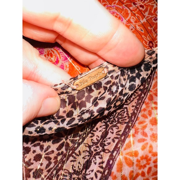 P2 Free People Aliyah Peasant Tunic Top Orange Mixed Print Metallic Boho Medium - Picture 7 of 7